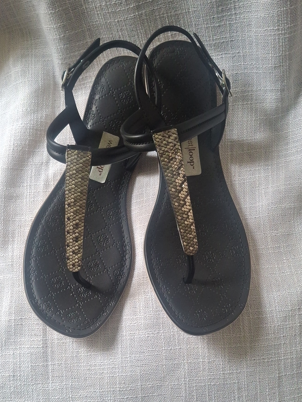 West Loop Black Sandals with Metallic Snake-Print T-Strap Size 8